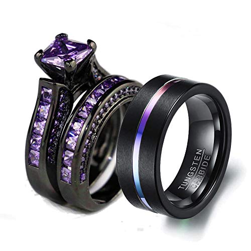 Couple Ring Bridal Sets His And Hers Women Black Gold Filled Square Violet CZ Men Tungsten Carbide Band Wedding Ring Band Set - size: women's size 6 & men's size 11