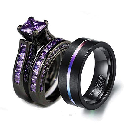 Couple Ring Bridal Sets His And Hers Women Black Gold Filled Square Violet CZ Men Tungsten Carbide Band Wedding Ring Band Set - size: women's size 7 & men's size 7
