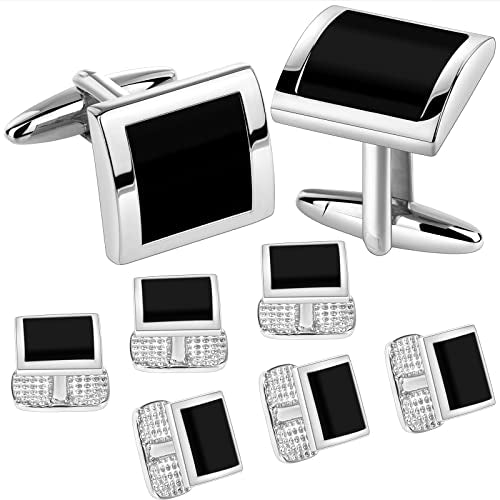 HAWSON Cufflinks and Studs for Men with Gift Box, Gold or Silver Tone Cuff Links, Mens Jewelry or Accessories for Wedding Business Anniversary Birthday - color: Silver+Enamel Black