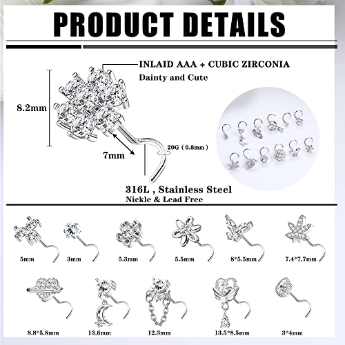 Sanfenly 12 PCS 20G Nose Rings Surgical Stainless Steel, L Shaped Nose Studs for Women Men, CZ Heart Butterfly Flower Leaf Moon Dangle Cute Nose Piercings Studs Screw Jewelry Pink/Purple/Blue/Clear - color: Screw Clear