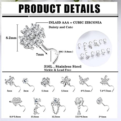 Sanfenly 12 PCS 20G Nose Rings Surgical Stainless Steel, L Shaped Nose Studs for Women Men, CZ Heart Butterfly Flower Leaf Moon Dangle Cute Nose Piercings Studs Screw Jewelry Pink/Purple/Blue/Clear - color: Screw Clear