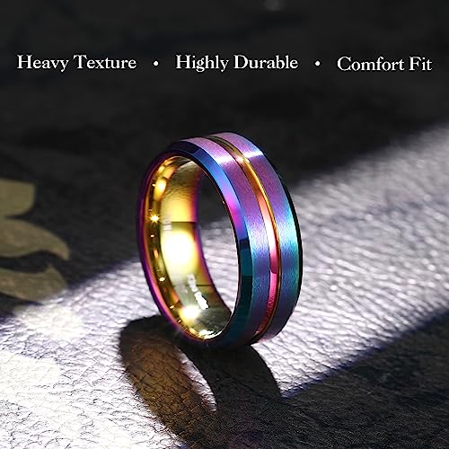 King Will Mens 8mm Cross Groove Tungsten Carbide Wedding Ring | Rose Gold, 8mm, Grooved, Comfort Fit, Cross design, Everyday Wear - color: Rainbow 8mm