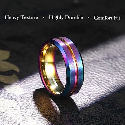 King Will Mens 8mm Cross Groove Tungsten Carbide Wedding Ring | Rose Gold, 8mm, Grooved, Comfort Fit, Cross design, Everyday Wear - color: Rainbow 8mm