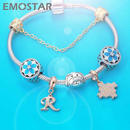 EMOSTAR Letter Charms Initial A-Z Alphabet Beads, Rose Gold 925 Sterling Silver Dangle CZ Birthstone Pendant, Gifts for European Charm Bracelet/Mothers Day/Birthday - color: Letter R