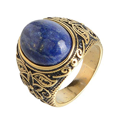 Retro Unisex Stainless Steel Oval Gemstone Hollow Flower Carved Signet Ring - color: Gold Black-Violet