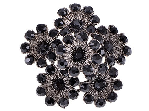 Alilang Gunmetal Tone Black Crystal Rhinestones Flower Cluster Floral Adjustable Ring