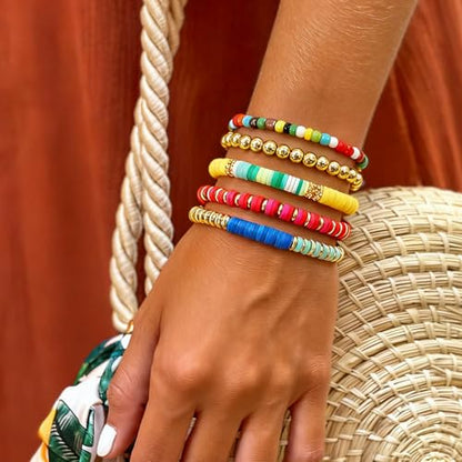 Colorful Gold Plated Stackable Ball Seed Beaded Bracelets Set For Women, Boho Handmade Romantic Stretch Accessories Jewelry, Daily Wear Holiday Party Friendship Gift - color: Heishi