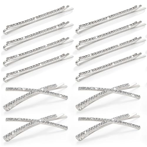 SUMAJU 12 Pcs Diamond Bobby Pins Rhinestone Hair Clips Decorative, Silver | 2.4-in Straight & X-Shaped Metal Barrettes for Women Girls, Hair Pins for Prom Bridal Wedding Accessories Gifts Styling - color: Silver X
