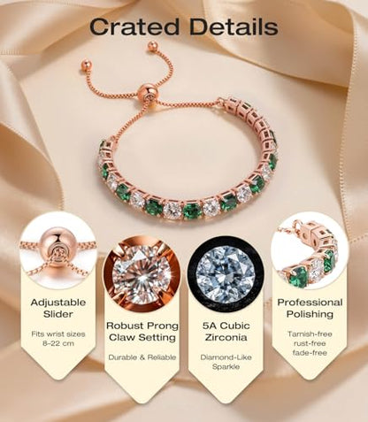 Lovans 14K Gold Plated Tennis Bracelets,White/Yellow/Rose Gold-plated Adjustable Cubic Zirconia Tennis Bracelet for Women - color: Rose Gold, size: 4MM Green