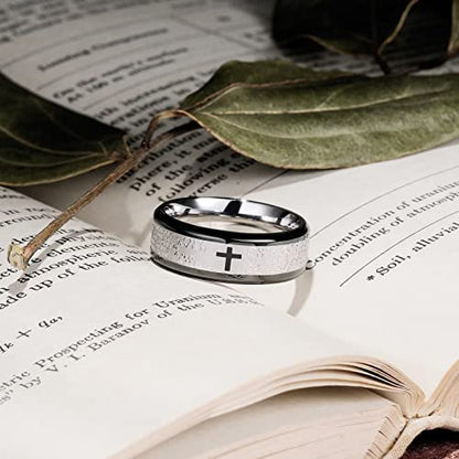 King Will Stainless Steel Men Ring Lord's Prayer Cross Ring Stainless Steel Men Wedding Ring, Wedding Band Bible Engraved Rings High Polished, Comfort Fit | 8mm, Gold/Silver/Black Wedding Band, Bible Engraved Rings, High Polished, Comfort Fit, Size 7-14 -
