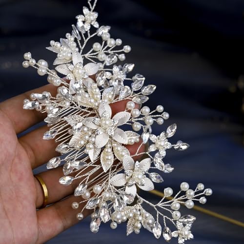 Crystal Bride Wedding Hair Comb Pearl Flower Bridal Hair Piece Hair Accessories for Women and Girls | Wedding Hair Clip for Brides, Handmade Pearl Hair Comb, Rhinestone Bridal Hair Accessories, Bridal Hair Piece for Women