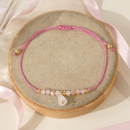 Boho Glass Seed Beaded Bracelets For Women, Handmade Romantic Gold Plated charm String Braided Rope Adjustable Jewelry, Summer Beach Daily Party Friendship Gift - color: Rose Quartz