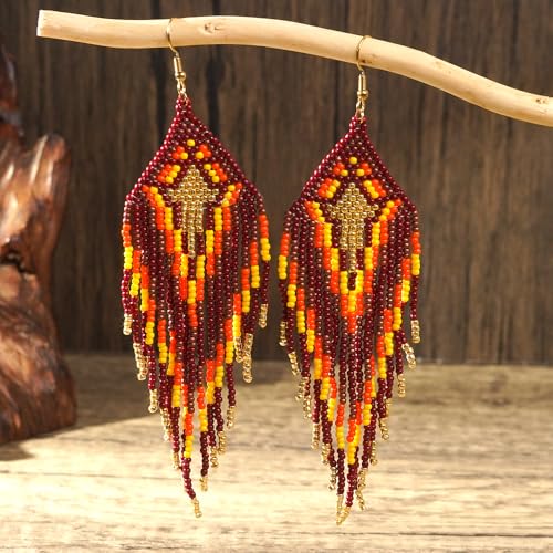 Bohemian Tassel Colorful Beaded Earrings For Women Trendy, Long Fringe Feather Drop Jewelry Handmade Gifts. - color: color3
