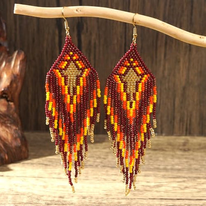 Bohemian Tassel Colorful Beaded Earrings For Women Trendy, Long Fringe Feather Drop Jewelry Handmade Gifts. - color: color3
