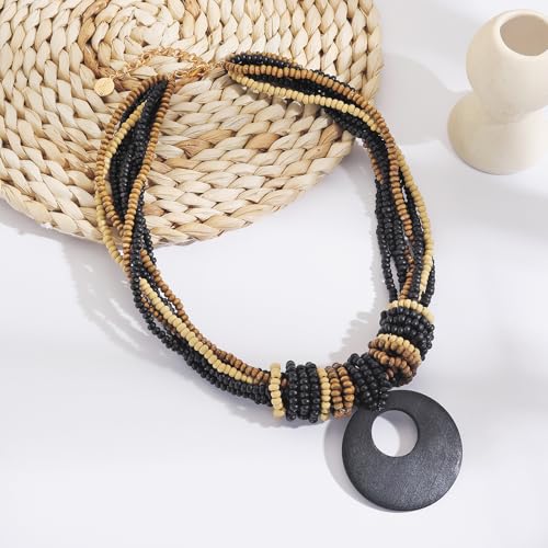 Coiris Chunky Necklaces for Women Statement Wooden Beaded Funky Boho Circle Pendant Necklace Jewellery Gift for Women - color: Black