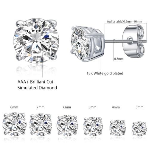 Gemsme 5 Pairs Princess Cut Cubic Zirconia Stud Earrings for Women/Men - 18K Gold Plated Hypoallergenic 3-7mm Square Clear CZ Earring Set - color: White Gold-Round 4 Prong