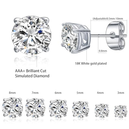 Gemsme 5 Pairs Princess Cut Cubic Zirconia Stud Earrings for Women/Men - 18K Gold Plated Hypoallergenic 3-7mm Square Clear CZ Earring Set - color: White Gold-Round 4 Prong