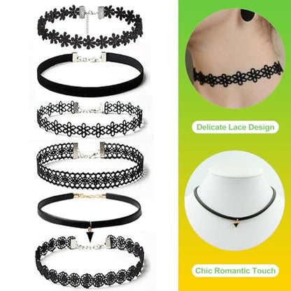 6 Pcs Gothic Black Velvet Lace Choker Necklace Set Emo Alt Cross Tattoo Style Layered Neck Chokers for Women