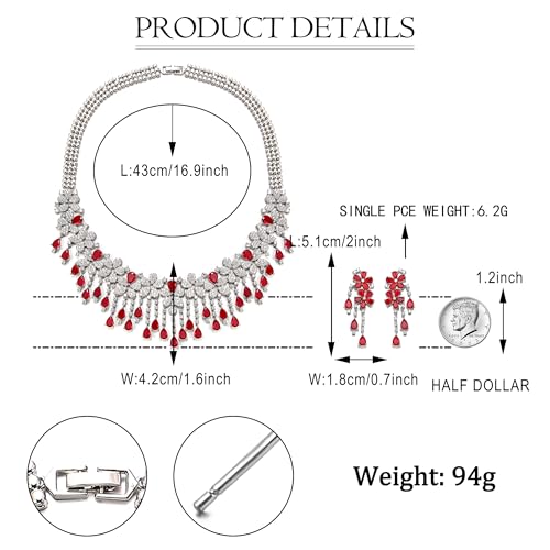 EVER FAITH Bridal Jewelry for Bride Bridesmaid, Elegant Cubic Zirconia Birthstone Cluster Flower Teardrop Wedding Party Necklace Dangle Earrings Sets for Women - color: Red
