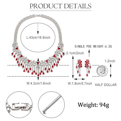 EVER FAITH Bridal Jewelry for Bride Bridesmaid, Elegant Cubic Zirconia Birthstone Cluster Flower Teardrop Wedding Party Necklace Dangle Earrings Sets for Women - color: Red
