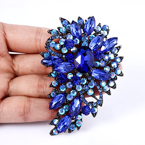 EVER FAITH Women's Austrian Crystal Wedding Flower Leaf Bouquet Brooch - color: Royal Blue Black-Tone