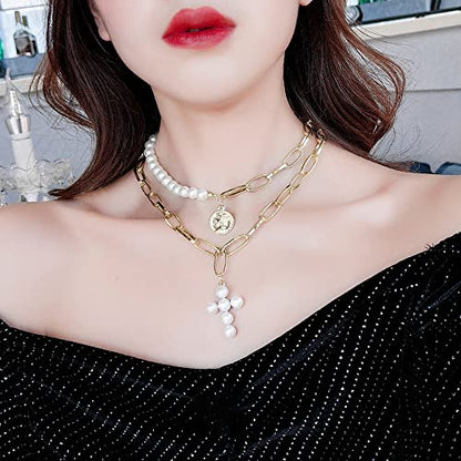 CSIYANJRY99 Layered Gold Necklaces for Women Chunky Gold Necklace Stack Layered Cuban Paperclip Snake Chain Necklace Retro Coin Dainty Pendant Toggle Clasp Necklace - style: Pearl Cross