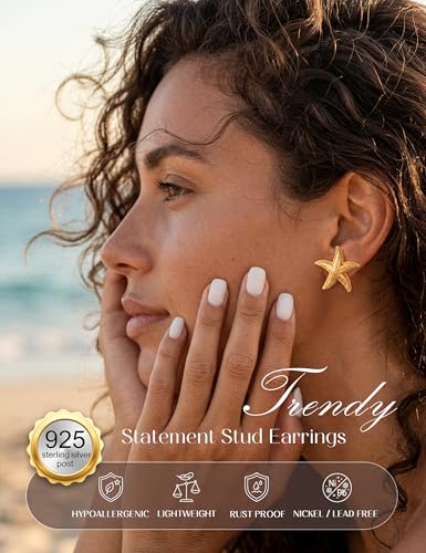 Chunky Gold Stud Earrings for Women Sterling Silver Earring Hypoallergenic | Non Tarnish 14K Gold Plated 925 Silver Posts for Sensitive Ears,Knot Statement Dangle Earrings Gold Jewelry Gifts Lightweight - color: gold plated-starfish