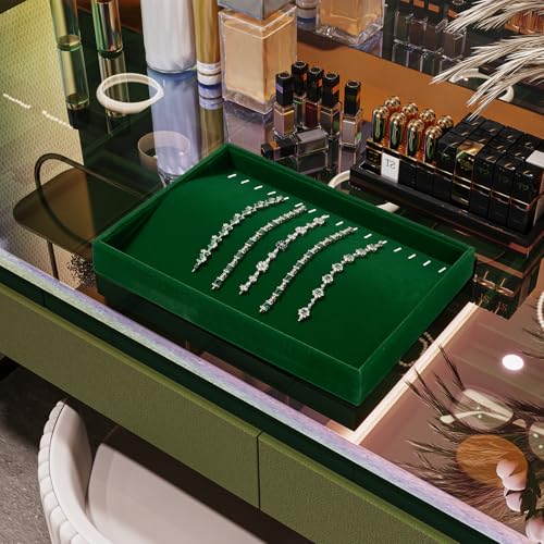 Velvet Necklace & Bracelet Tray with Raised Ridge Design Green | 16 Slots, For Necklace & Bracelet Storage, Anti-Tangle, Durable - size: 16 Slot