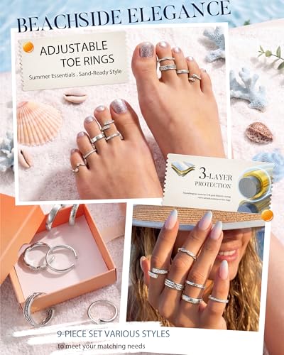 9PCS Toe Rings for Women Non Tarnish - Adjustable 14K Gold Filled Toe Ring | Silver Dainty Open CZ Toe Rings Set,Waterproof Summer Beach Foot Jewelry - color: Silver