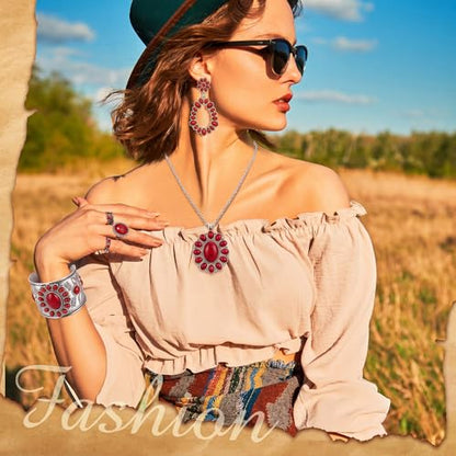 Ecally Bohemian Western Jewelry Turquoise Set Women Country Pendant Long Choker Layered Bracelets Earrings Ring for Women - color: Red, style: Lovely