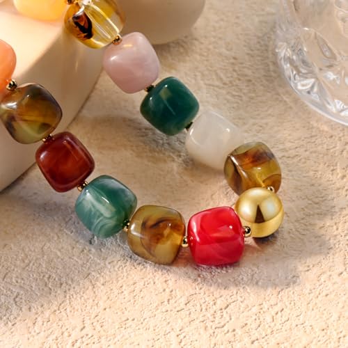 VIBILIA Boho Beaded Chunky Statement Necklace for Women Y2K Summer Jewelry | Boho Handmade Large Resin Bead Strand, Trendy Statement Summer Vacation Holiday Jewelry - color: Square-Colorful