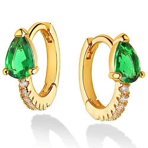 Dremmy Studios Dainty CZ Huggie Hoop Earrings 14K Gold Plated Chunky Simple Cute Thick Round Frill Bead Ball Starburst Cuff Earrings Cubic Zirconia Hoop Earrings Minimalist Personalized Gift for Her - color: A-CZ Emerald