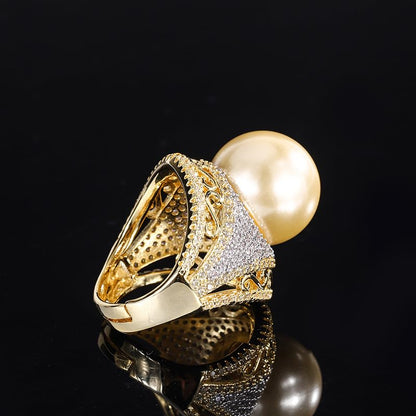 Large Cream South Sea Faux Pearl Statement Ring Hollow Scroll Micro Pave Crystal Adjustable Open Band For Women Formal Cocktail Jewelry