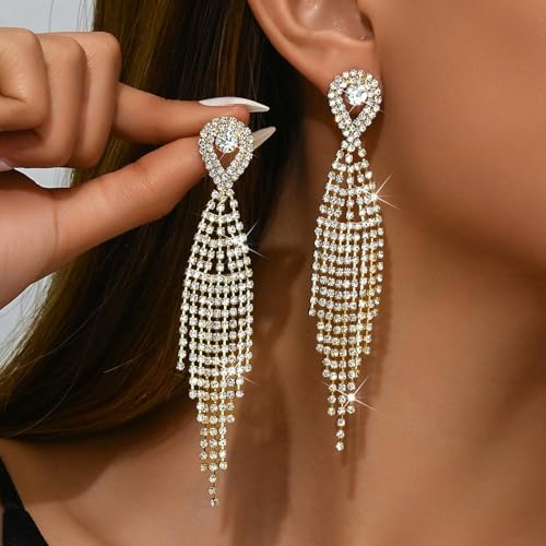 Rhinestone Earrings Prom Earrings for Women Sparkly Long Tassel Chandelier Drop Statement Earring Jewerly Gifts Wedding Party Prom Dresses Accessories - color: A2: gold prom earrings