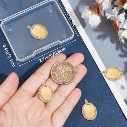 Beebeecraft 1 Box 6Pcs Cabochon Settings Charms 14K Gold Plated Stainless Steel Oval Flat Round Blank Bezel Pendant Trays Base Settings Charm with Jump Rings for DIY Jewellery Making Findings - color: #1 Tray 10x14mm