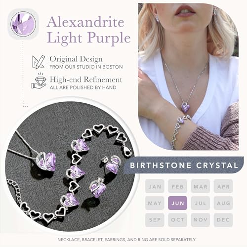 Leafael Necklace Gift Set for Women, Infinity Love Birthstone Heart Pendant with Matching Earrings and Bracelet, for Mom and Wife, Silver Plated - color: 06-Set-June-Light Purple