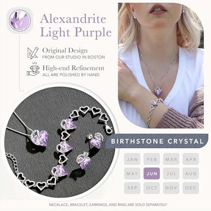 Leafael Necklace Gift Set for Women, Infinity Love Birthstone Heart Pendant with Matching Earrings and Bracelet, for Mom and Wife, Silver Plated - color: 06-Set-June-Light Purple