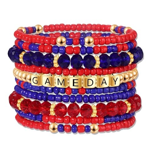 ZOLEAROPY Game Day Bracelets Stack Football Bracelets for Women Men Stackable Game day Bracelet Accessories Football Mom Outfit Jewelry Gifts - color: red blue