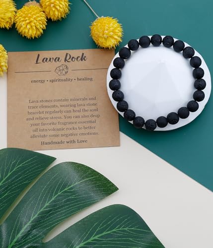 BOMAIL Natural Stone Beaded Bracelet for Women Men | 8mm Round Beads,Healing Crystal,Semi-Precious Gemstone,Yoga,Stretch,Bracelets Jewelry Gift - color: Lava Rock