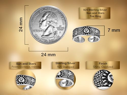 AeraVida .925 Sterling Silver Adjustable Toe Ring or Pinky Ring 5mm Wide Open Band, Stackable Minimalist Summer Foot Jewelry | Sun Moon Star Turtle Butterfly Leaf Olive Branch Ocean Wave Yin Yang Design - style: Celestial Sky 3