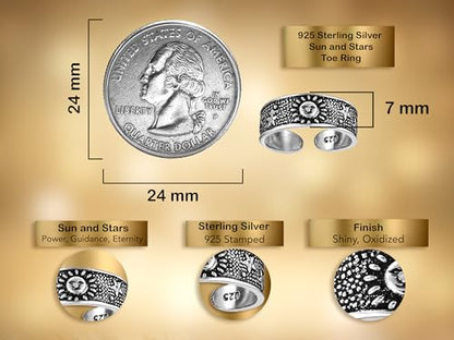 AeraVida .925 Sterling Silver Adjustable Toe Ring or Pinky Ring 5mm Wide Open Band, Stackable Minimalist Summer Foot Jewelry | Sun Moon Star Turtle Butterfly Leaf Olive Branch Ocean Wave Yin Yang Design - style: Celestial Sky 3