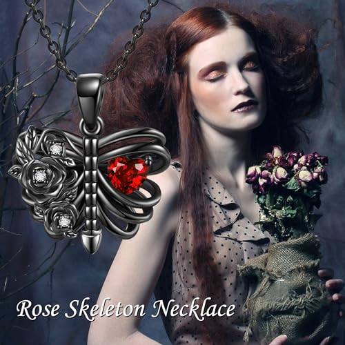 Halloween Necklace 925 Sterling Silver Black Rose Rib Cage Heart Pendant Necklace Halloween Jewelry Gifts for Women Gothic Party - style: Cage Heart