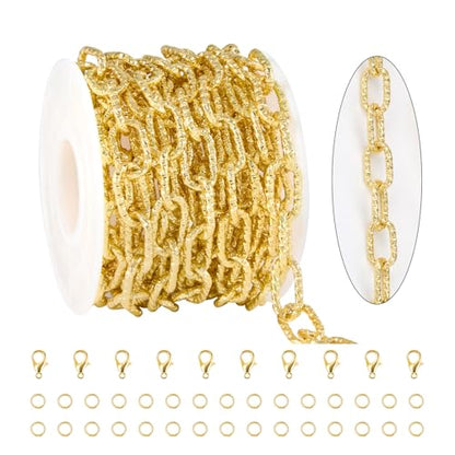 KYUNHOO 9.8 Feet Embossed Paperclip Chain for Jewelry Making with Clasps | 18K Gold Plated Mixed Material Bulk Jewelry Chunky Paper Clip Necklace Making Chains for Crafts DIY - color: Paperclip Gold