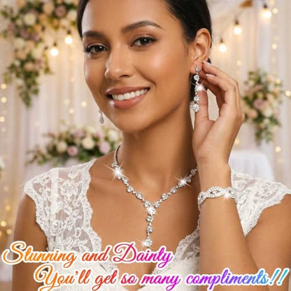 Silver Wedding Jewelry Sets Rhinestone Necklace Earrings Bracelet Set Prom Formal Costume Jewelry for Women and Brides - color: Silver