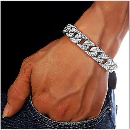 Mens Womens Cuban Link Bracelet Hip Hop Bracelet Stainless Steel Chain Bracelet Iced Out Curb Cuban 18k Gold Plated Bracelet With Clear Rhinestones - color: A-Silver-8.26in