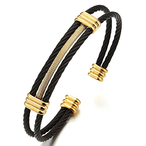 COOLSTEELANDBEYOND Men Women Stainless Steel Twisted Cable Adjustable Cuff Bangle Bracelet - color: D-Metal Color: Black & Gold