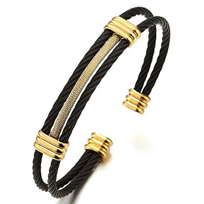 COOLSTEELANDBEYOND Men Women Stainless Steel Twisted Cable Adjustable Cuff Bangle Bracelet - color: D-Metal Color: Black & Gold