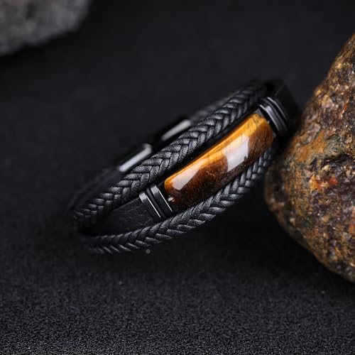 Mens Black Leather Obsidian/Turquoise/Tiger Eye/Red Agate Bracelet–Braided Multi‑Layer Wristband Cuff Bangle Bracelet with Stainless Steel Clasp Gift Jewelry Box Included - color: Tiger Eye Stone, size: 9in(Fits larger wrists)