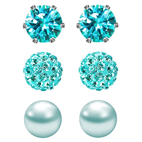 JewelrieShop Birthstone Studs Earring Set Cubic Zirconia Rhinestones Crystal Ball Faux Pearl Stainless Steel Stud Earrings for Women Jewelry Gift (6mm Round,3 Pairs) - color: 12) Dec. - Lake Blue