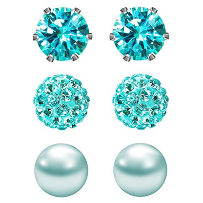 JewelrieShop Birthstone Studs Earring Set Cubic Zirconia Rhinestones Crystal Ball Faux Pearl Stainless Steel Stud Earrings for Women Jewelry Gift (6mm Round,3 Pairs) - color: 12) Dec. - Lake Blue